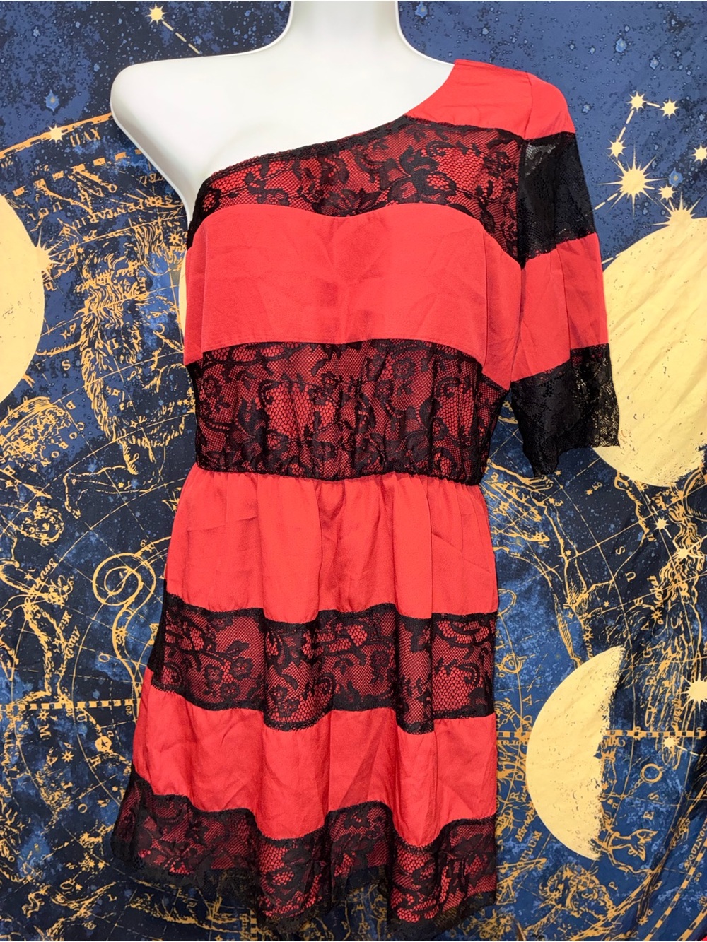 Gianni Bini One Shoulder Red and Black Lace Stripe Dress